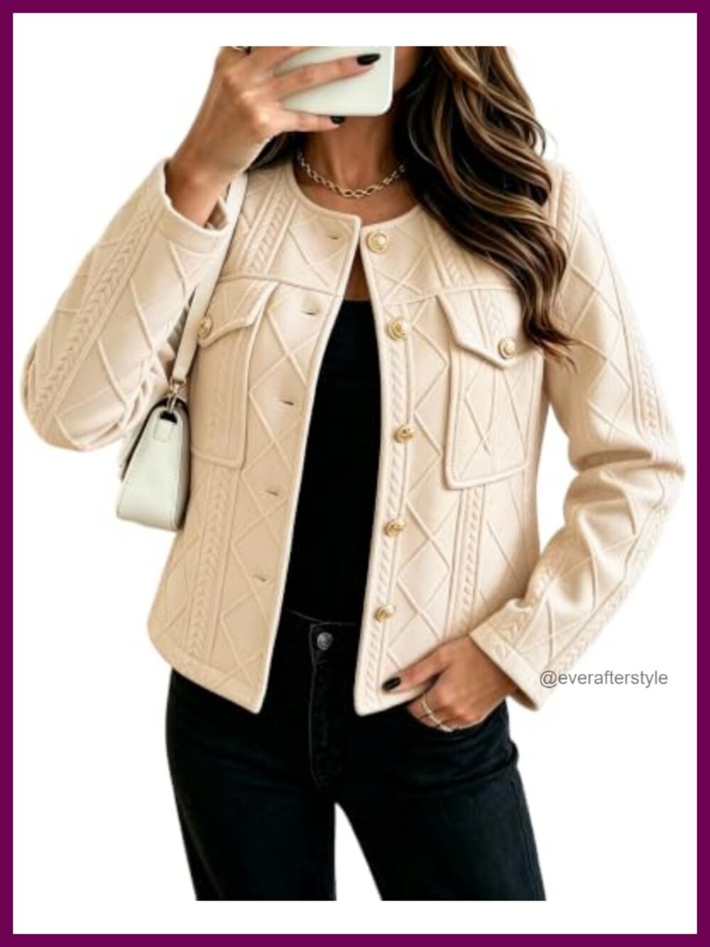 Women's Collarless Blazer Jacket Cable Embossed Gold Button Business Casual